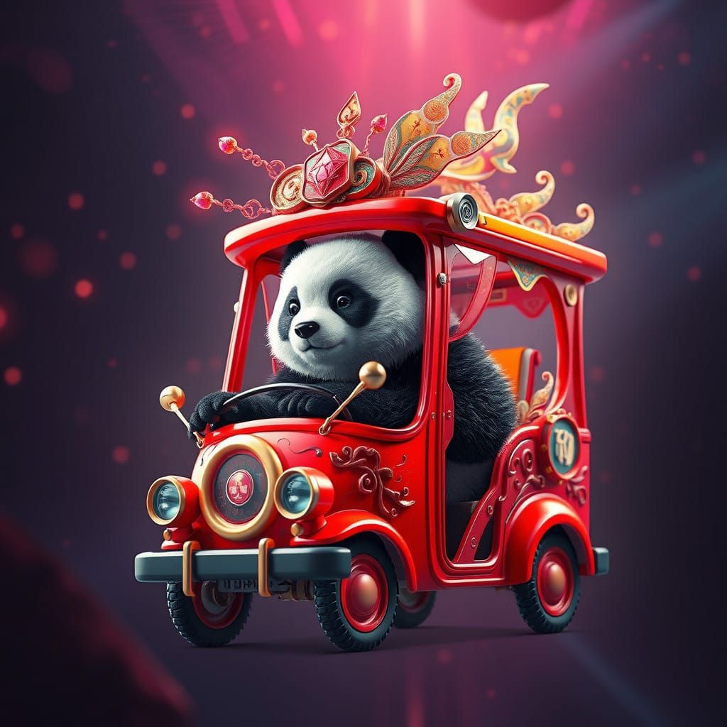 Cute Panda Rides Futuristic Red Bus in Whimsical Dream World