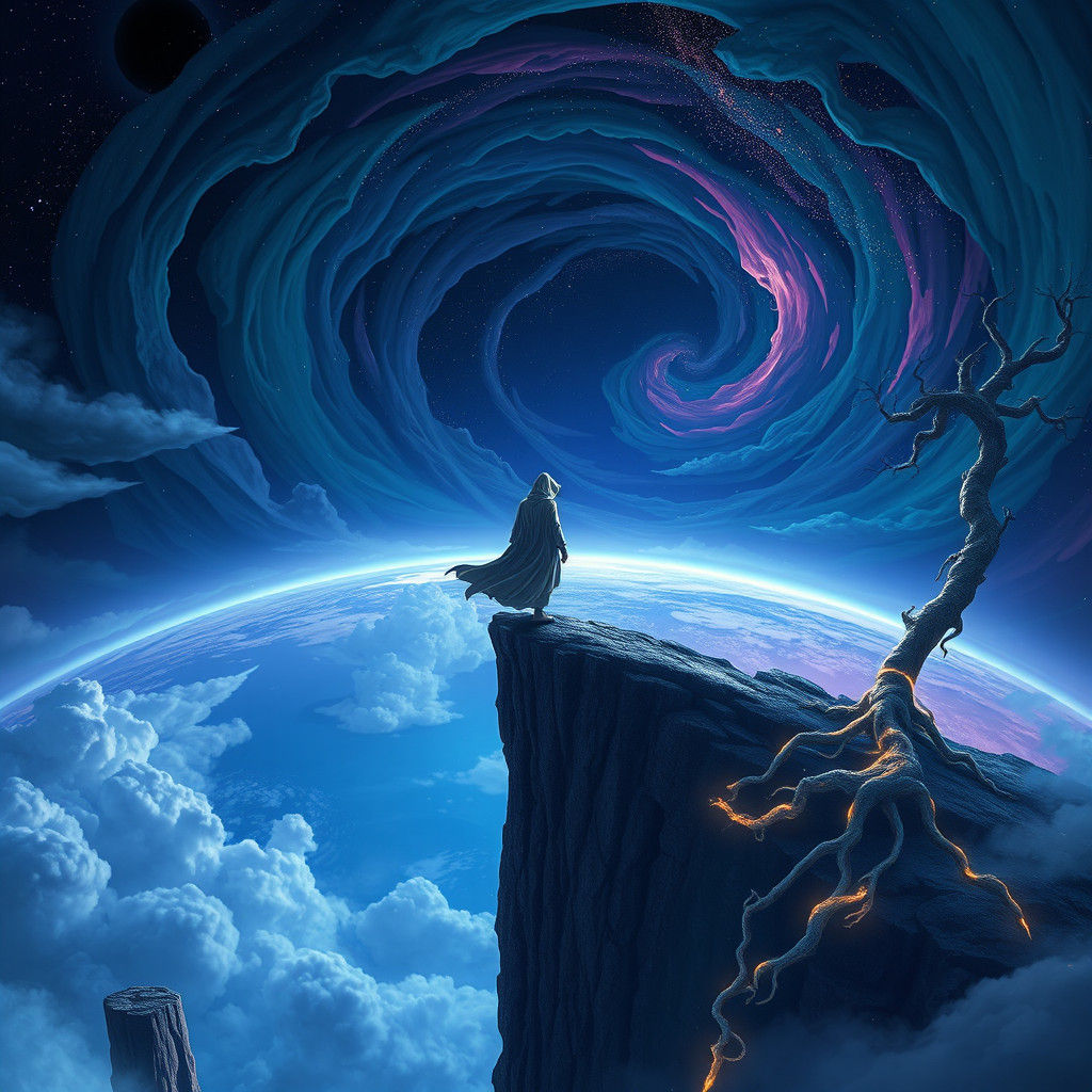 Lone Figure Steps Off Earth in Fantasy Art
