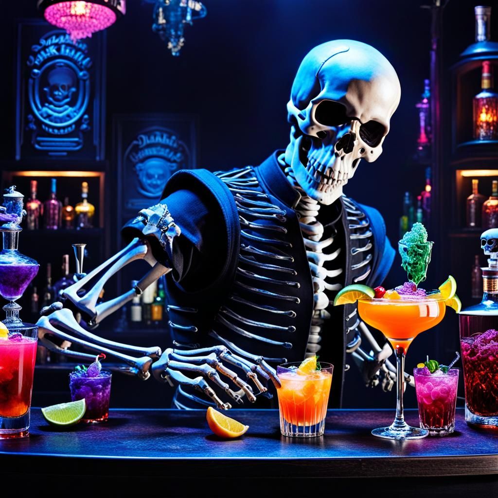 skeletal bartenders crafting signature cocktails