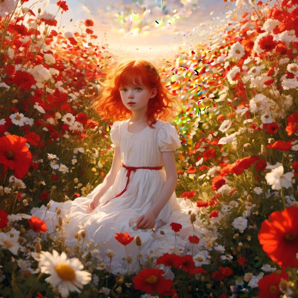 Anime Girl in Field of Flowers, Hyperreal Style