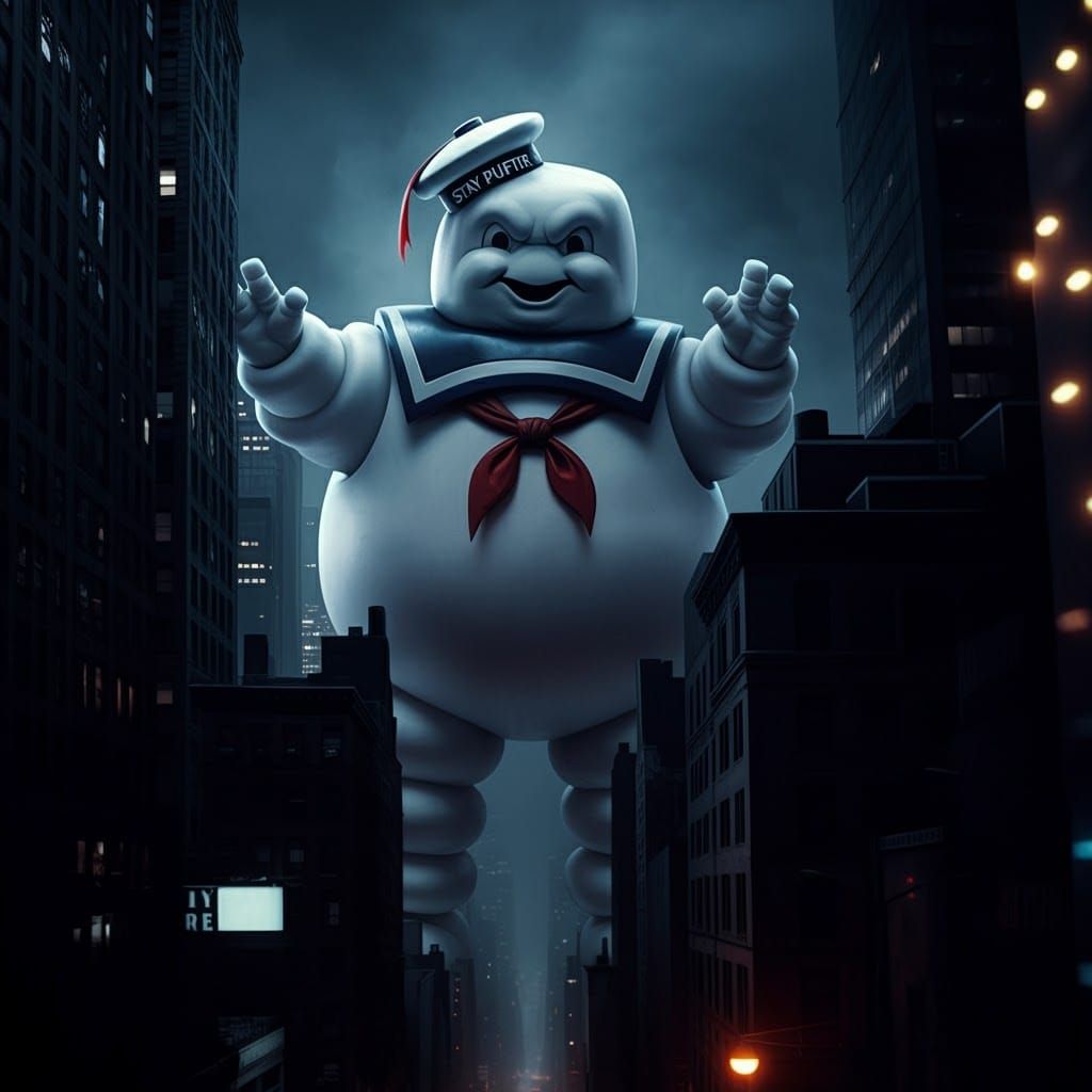Colossal Stay-Puft Marshmallow Man in Dark Cityscape