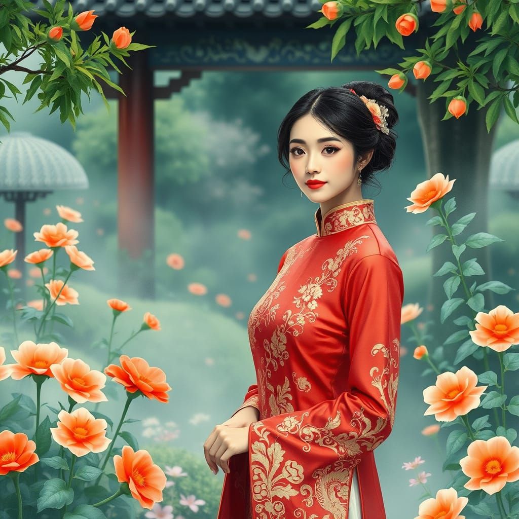 Ethereal Chinese Goddess in a Dreamy Garden Scene