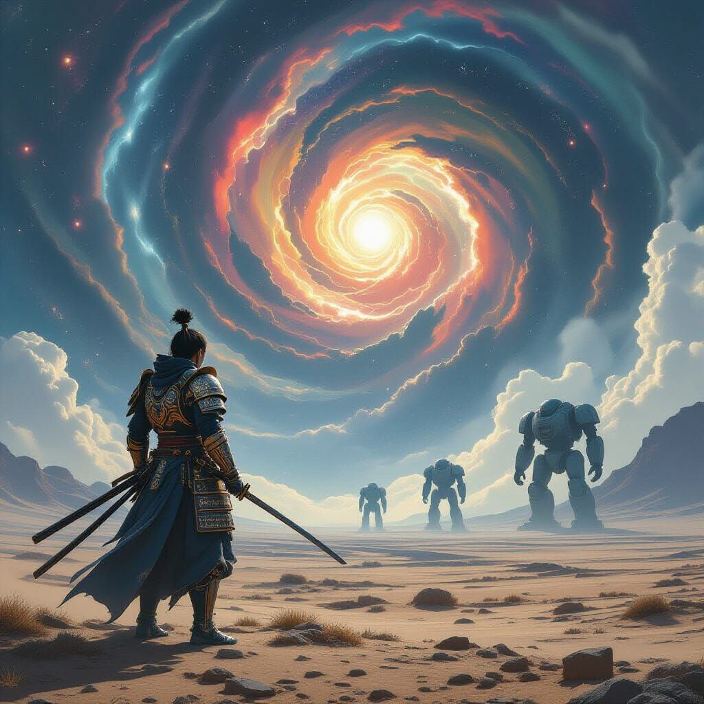 Samurai Warrior on Windswept Plain with Ancient Robots