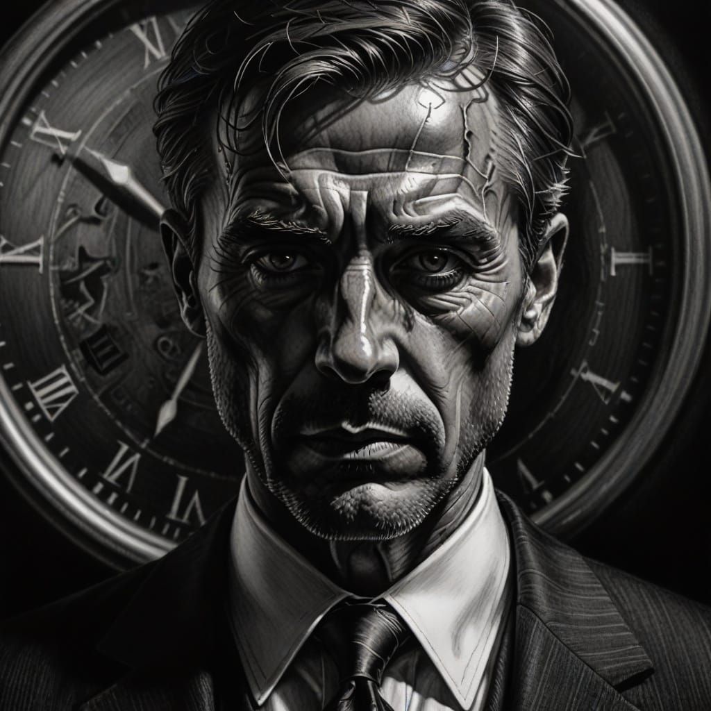 Intensely Detailed Charcoal Drawing of Witness in Suit