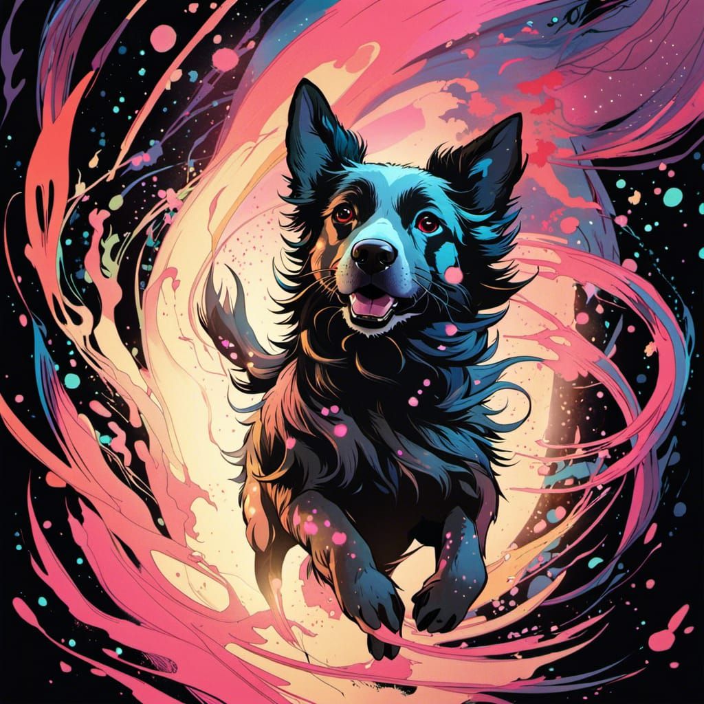 Dog Emerges from Vortex in Cyberpunk Inkpunk Style