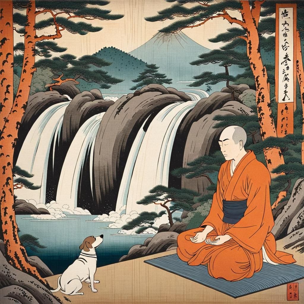 Monk Meditating in Forest: Ukiyo-e Woodblock Print
