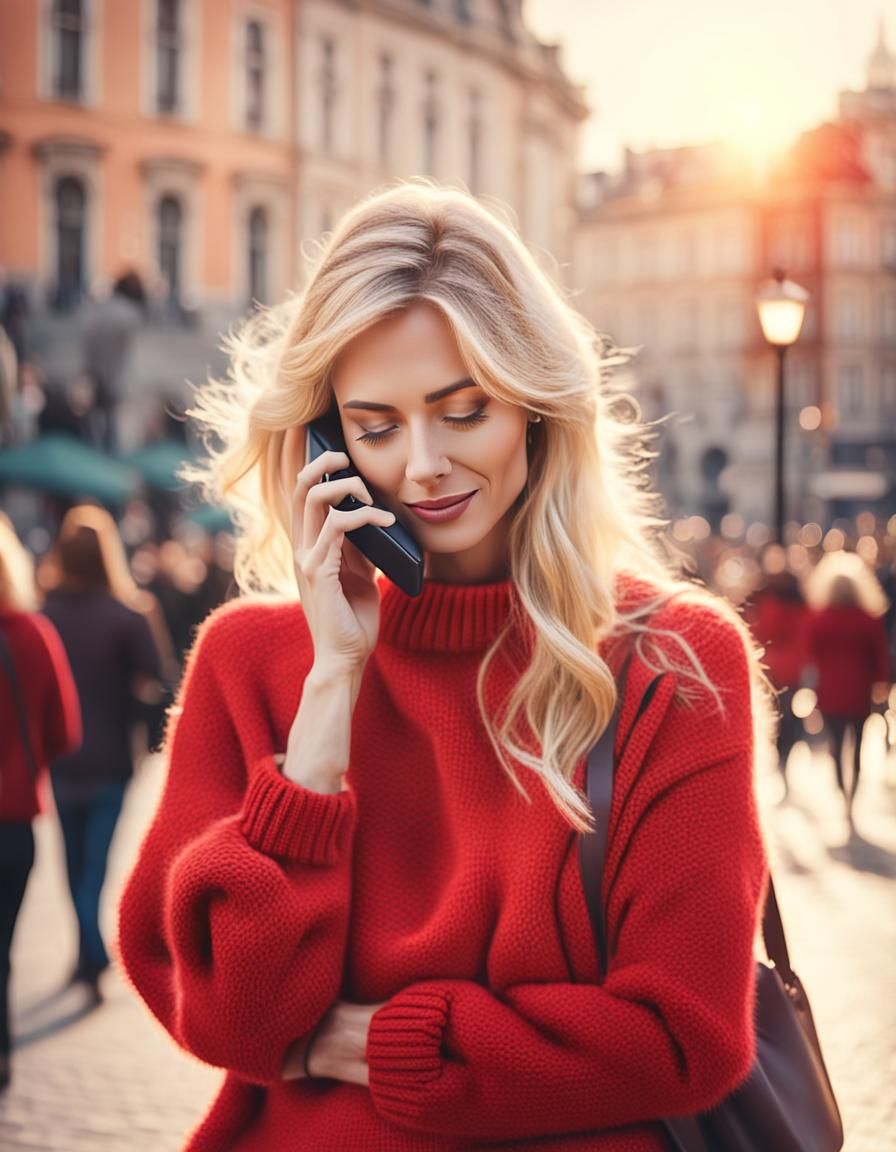 Blonde Girl in Red Sweater in City Square