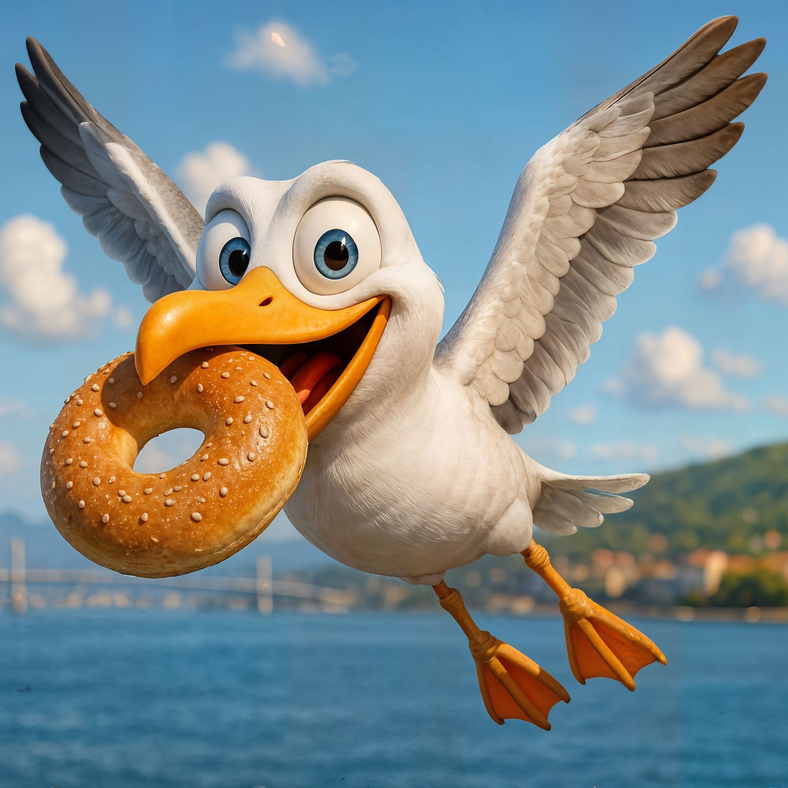 CGI Seagull Carries Bagel Over Sunny Bay