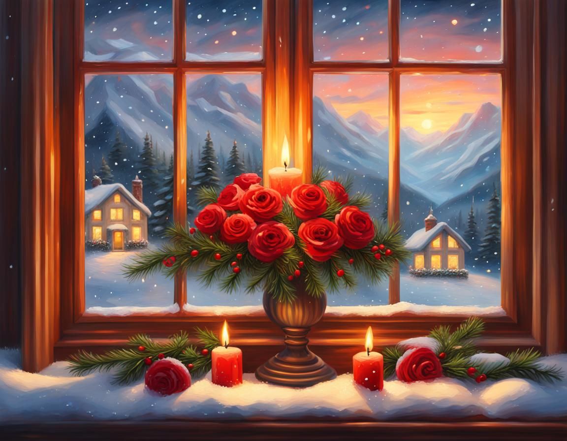 Christmas Candle and Winter Scene, Oil Painting