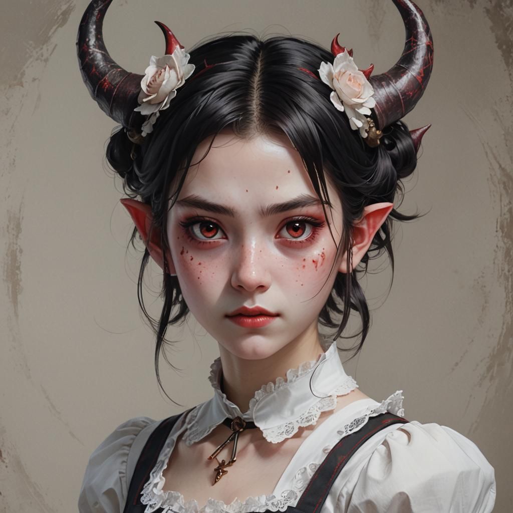 Dreamy Demon Maid Portrait with Red Skin and Horns