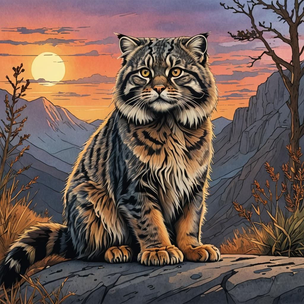 Pallas Cat Sunset Sketch Colorwash