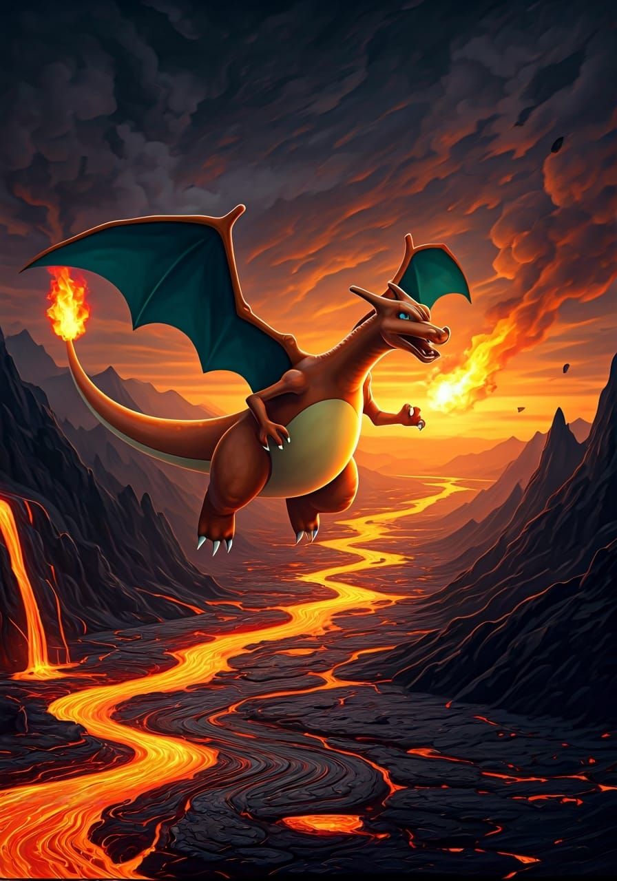 Charizard Flies Over River of Lava in Dramatic Fantasy Art