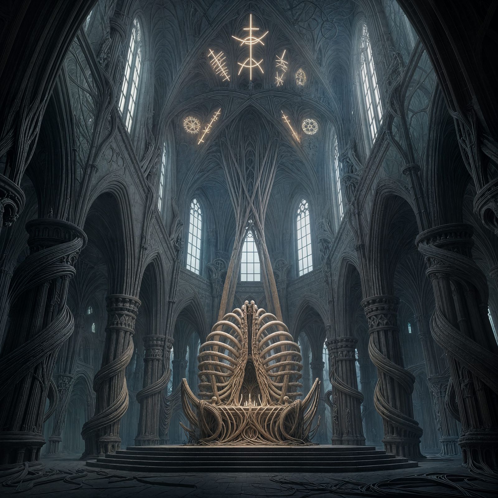 Eerie Organic Cathedral with Bone Arches and Veined Walls