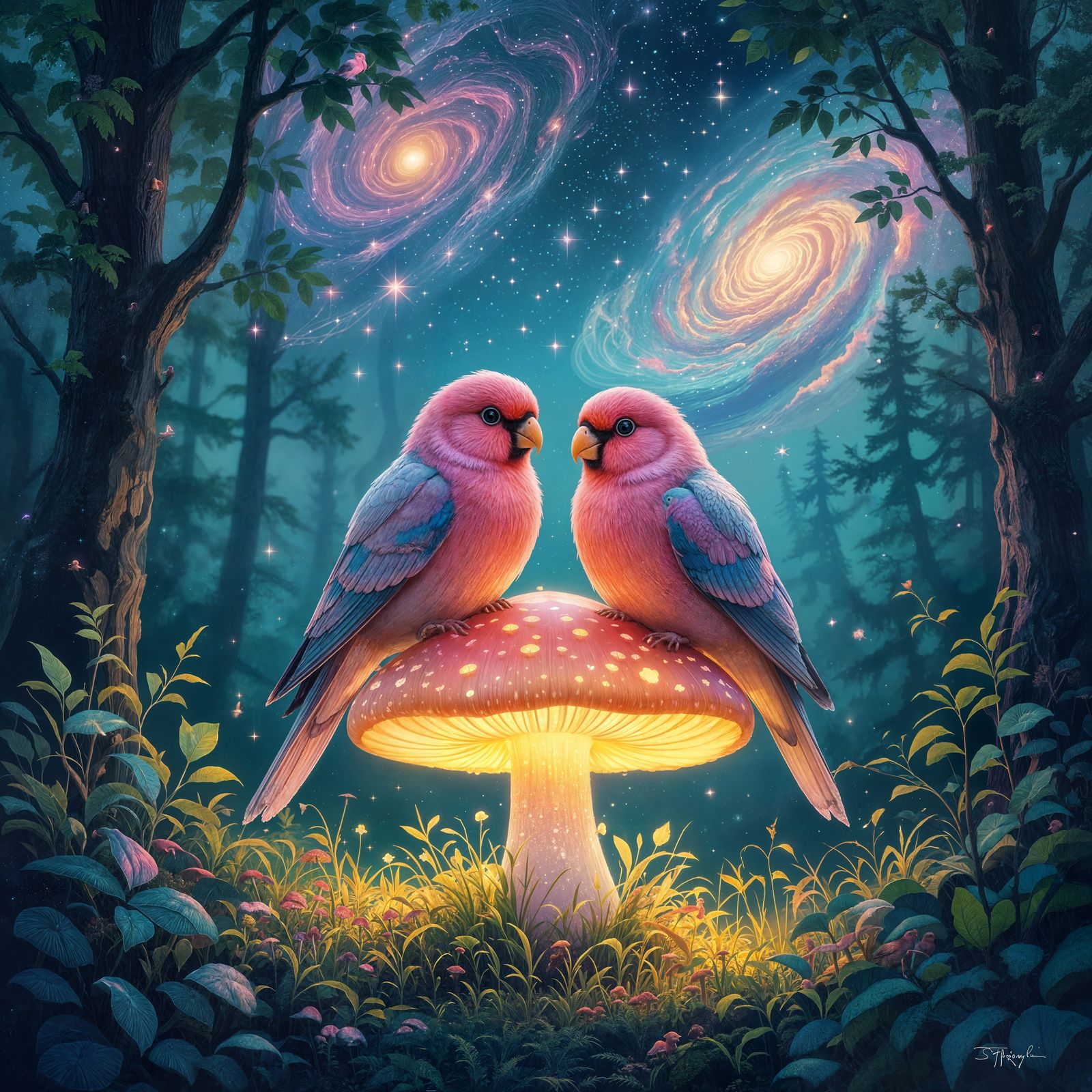 Pink Lovebirds on Glowing Mushroom in Enchanted Forest