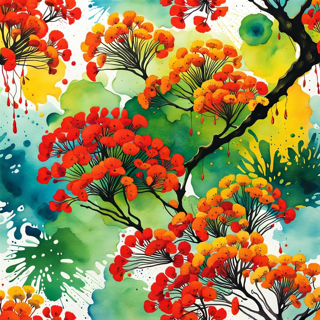Ink Splatter Royal Poinciana Branch Painting