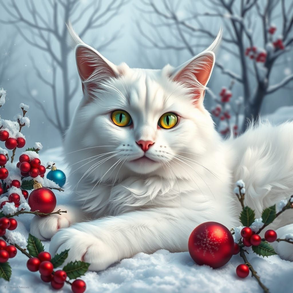Surrealistic Hyperrealistic Portrait of a White Cat in Winte...