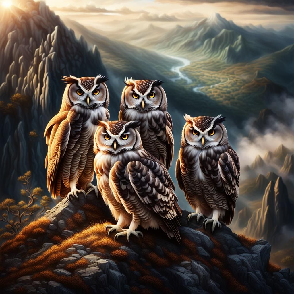 Hyperrealistic Owls Nesting on Misty Mountain Peak