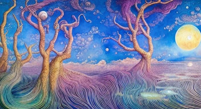 Surreal Trees Become Water Reflecting Sun and Moon