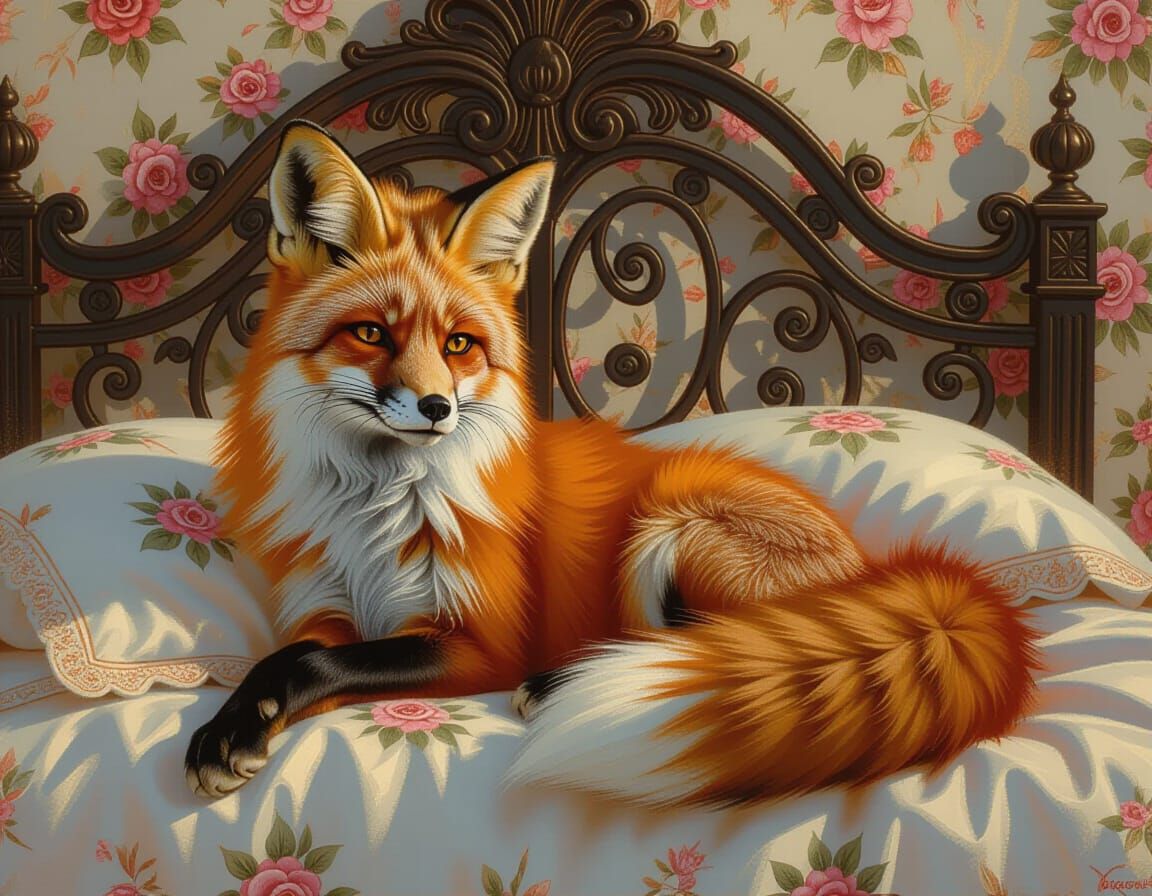 Fox-Woman Reclining on Ornate Bed in Romantic Style