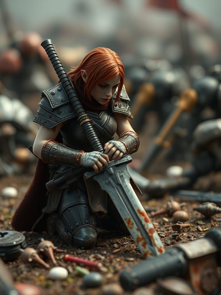Exhausted Redhead Warrior in Robot Graveyard