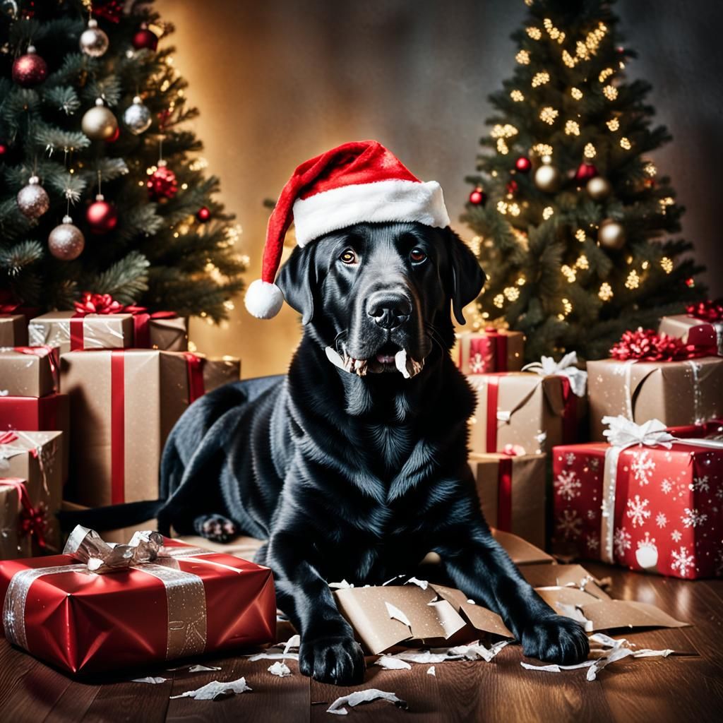 Labrador in Santa Hat with Christmas Decorations