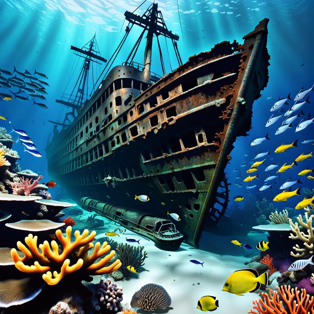 Underwater Shipwreck Surrounded by Marine Life