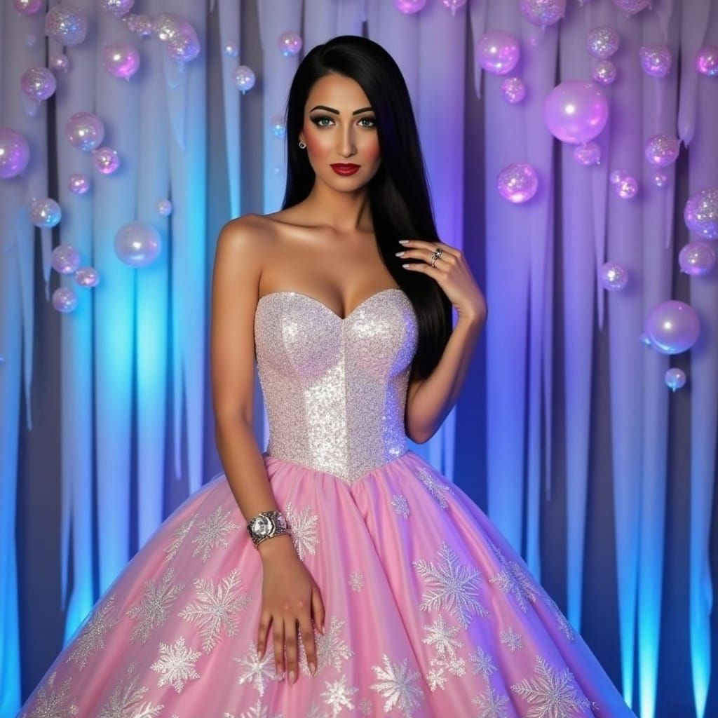 Elegant Winter Goddess in Rainbow Ball Gown