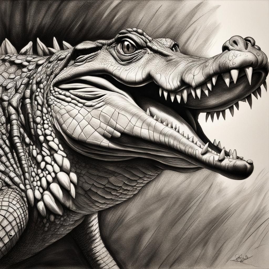 Hyperdetailed Charcoal Crocodile Licking Lips