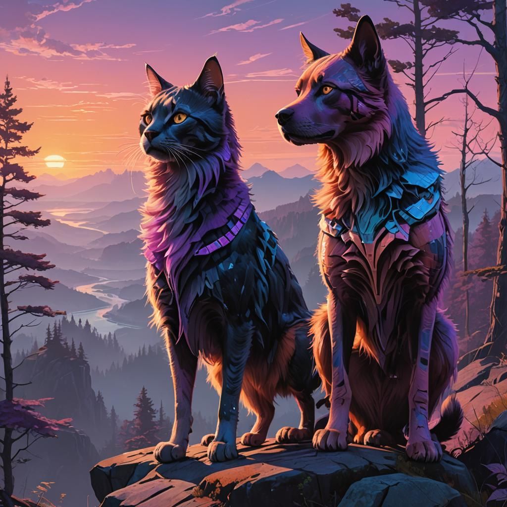 Cat-Dog Hybrid Overlooking Mystical Forest, Fantasy Art