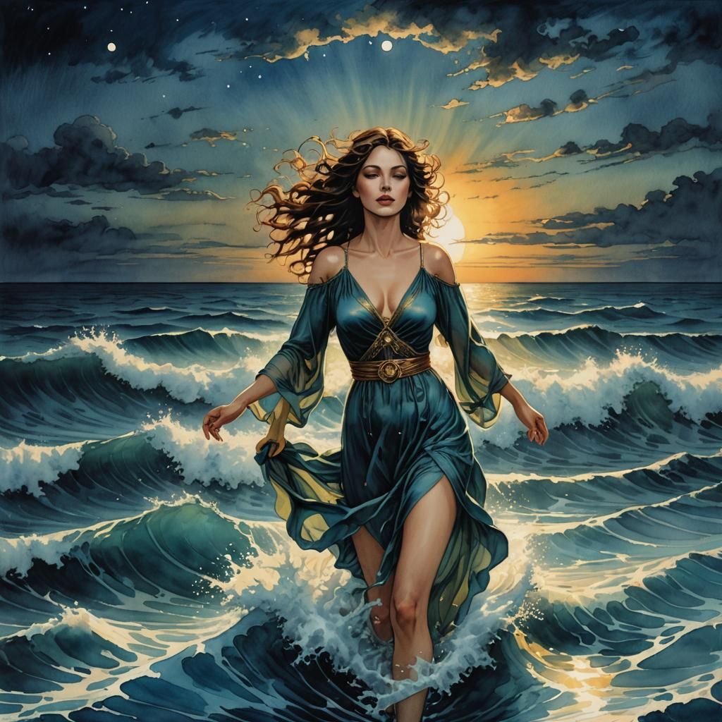 Woman Emerges from Ocean: Watercolor Illustration