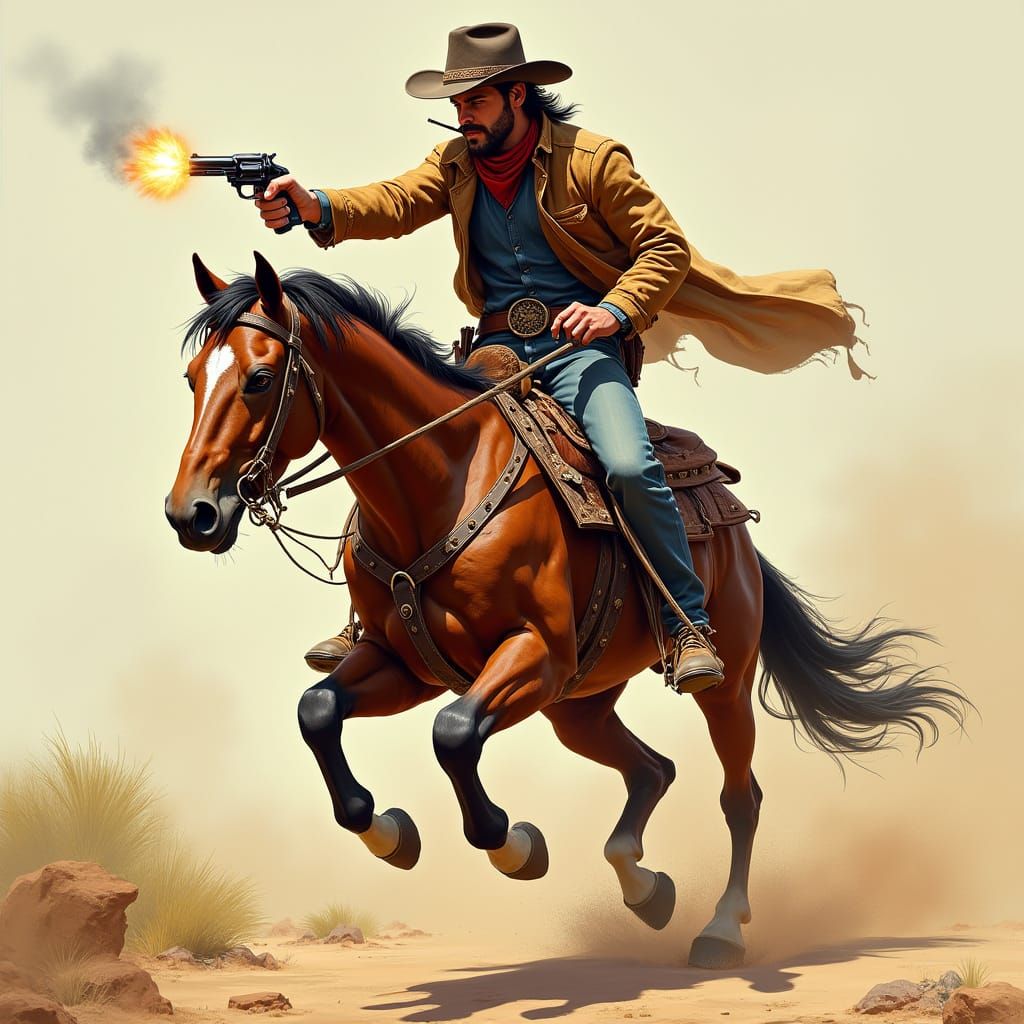 Cowboy on Horseback Firing Revolver in Digital Painting Styl...