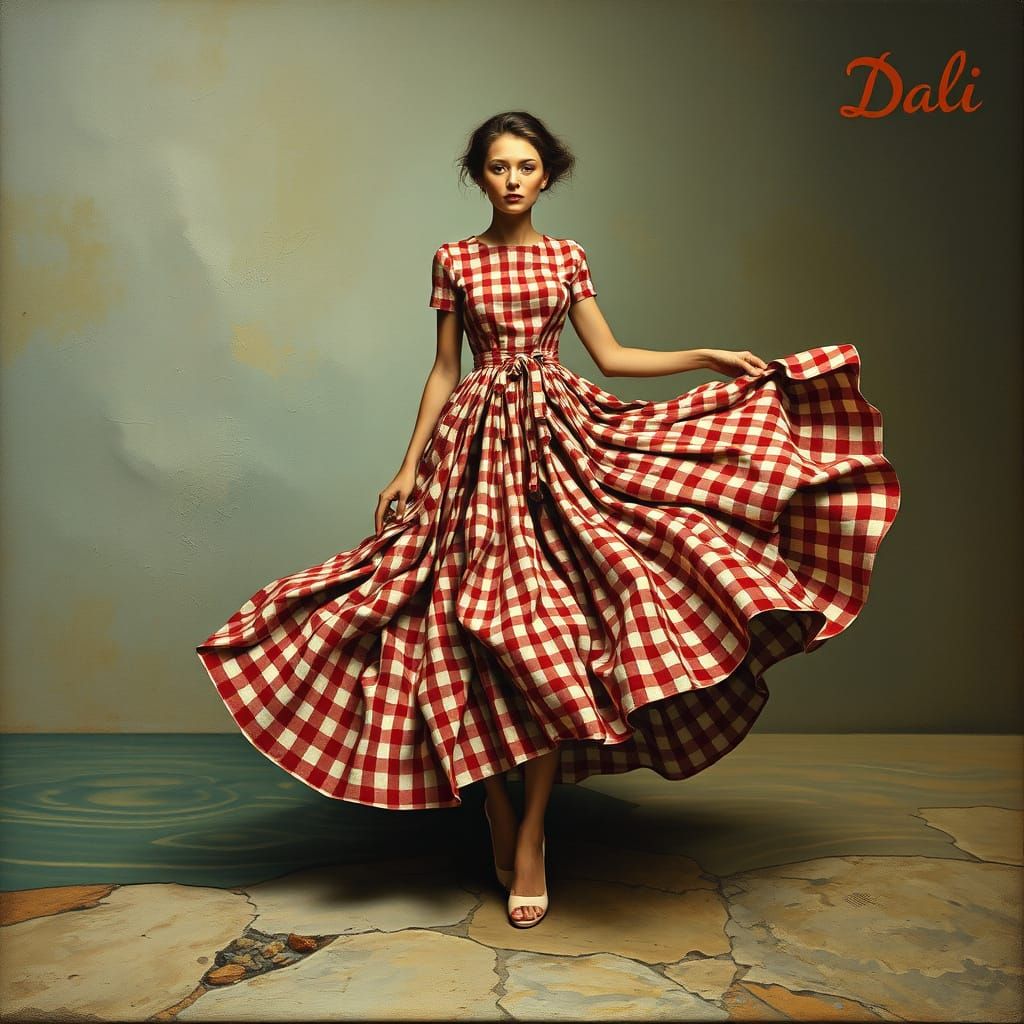 Surrealist Woman in Distorted Gingham Landscape