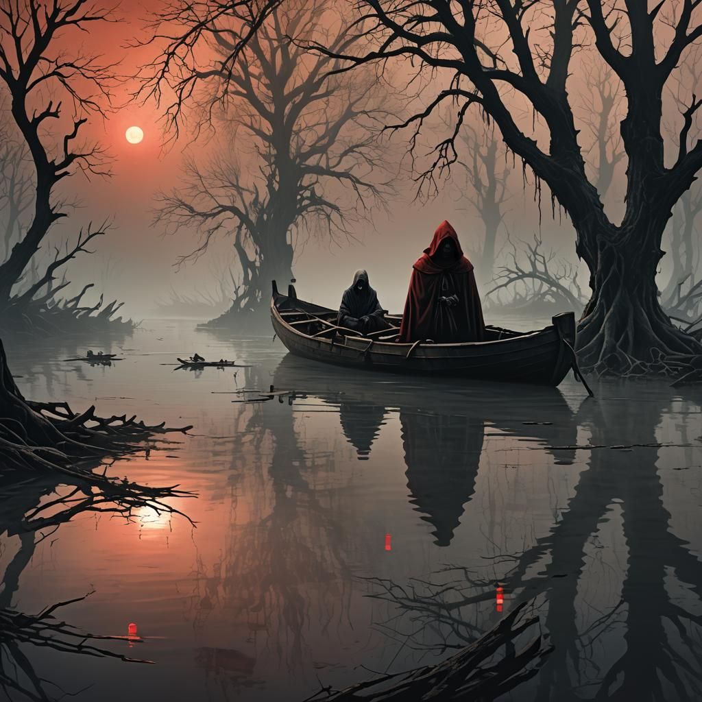 Ferryman crossing the Styx in a hooded cloak, seemingly empty in a boat, dark creepy scenery, the opposite bank in fog a...