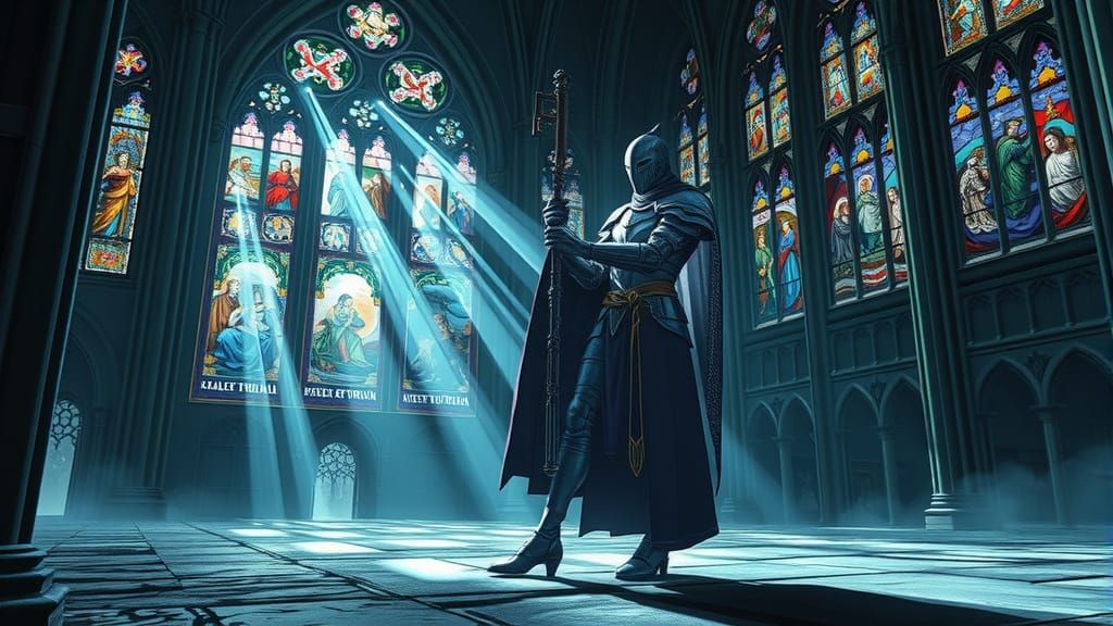 Spectral Knight Wields Key of Souls in Gothic Cathedral
