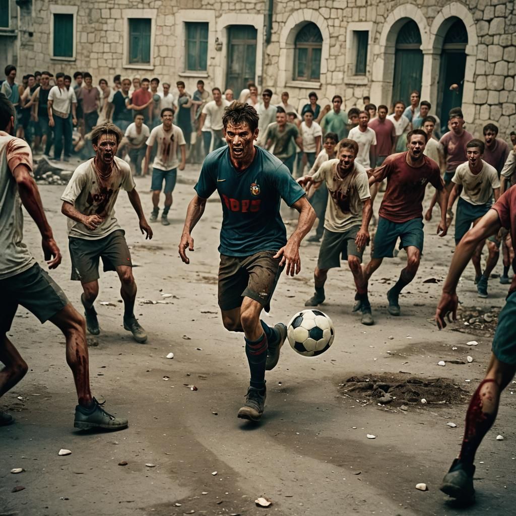 Soccer Player Dribbling Away From Zombie Horde