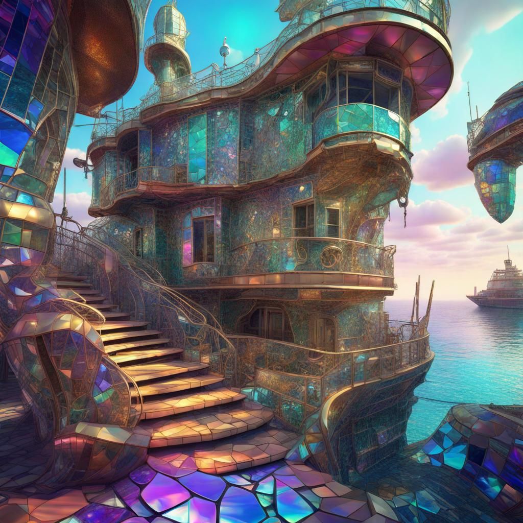 Futuristic Mosaic Pirate Hangout in Art Nouveau Style