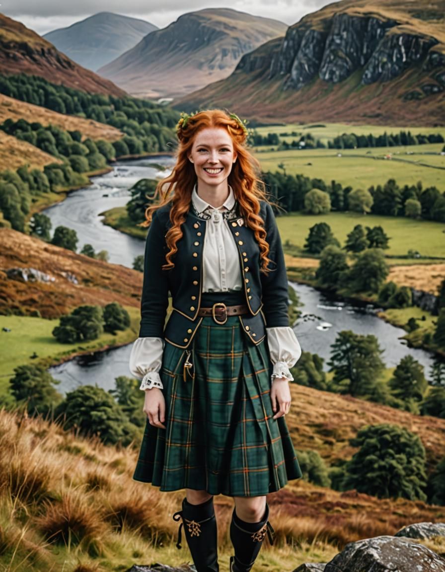Smiling Girl in Scottish Outfit, Highlands Backdrop