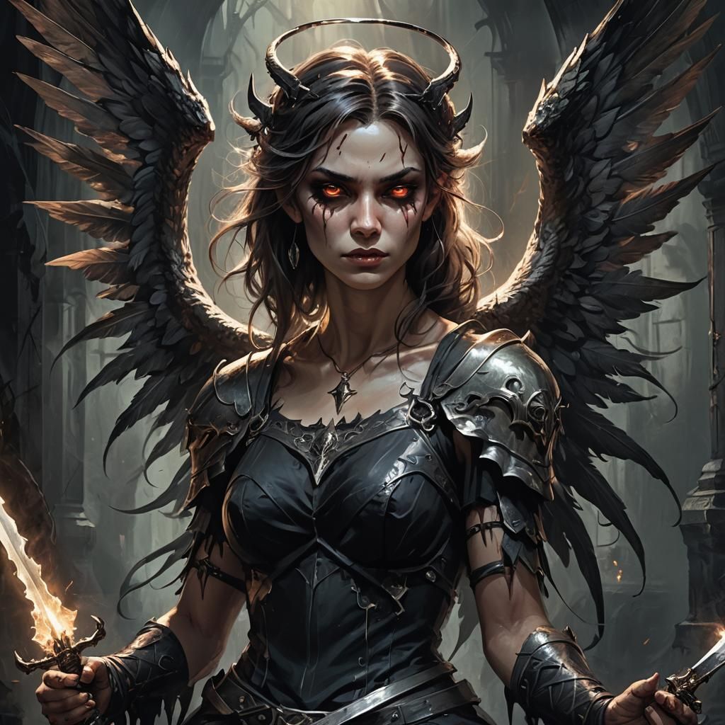 Dark Fantasy Angel-Demon Hybrid in Gothic Setting