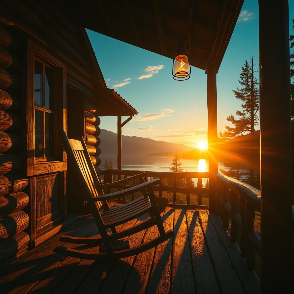 A mountain sunset on a cabin porch. A single antique wooden ...
