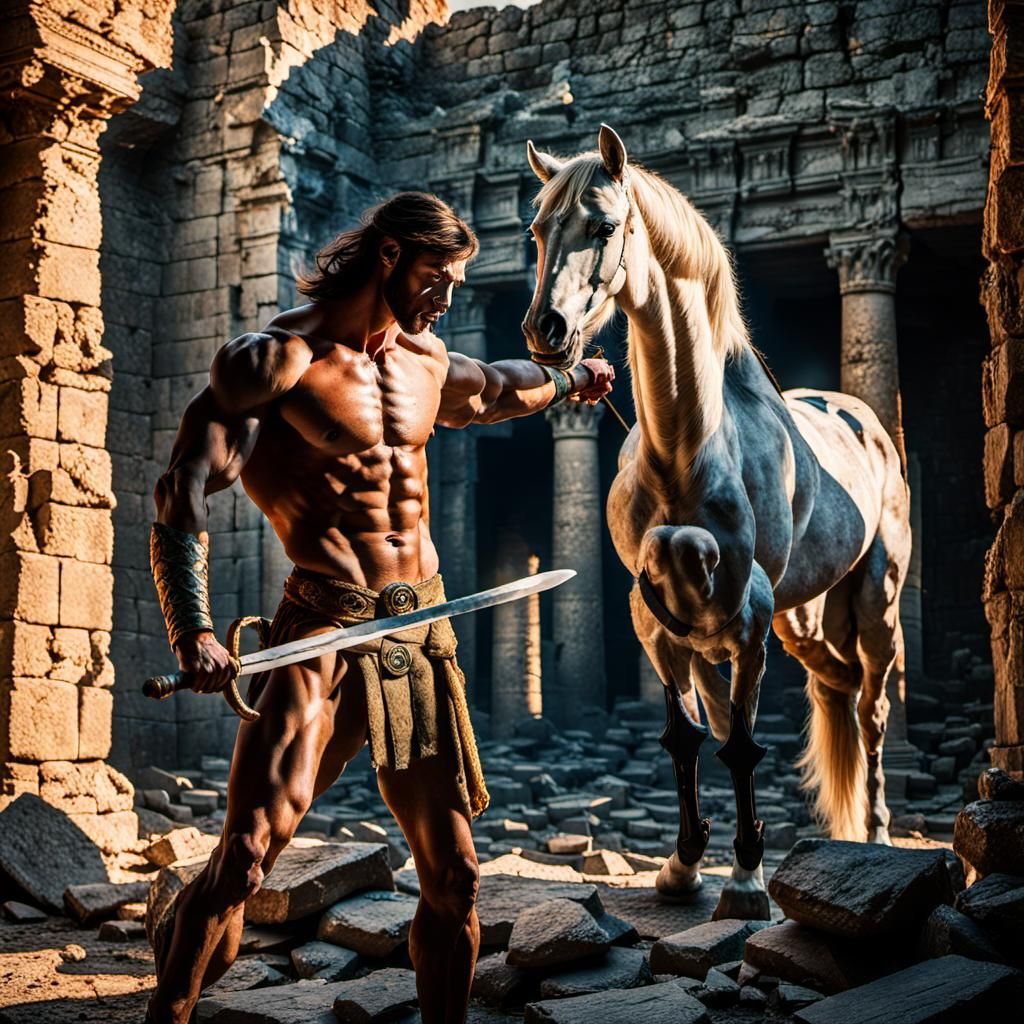 Heroic Centaur Wielding Sword in Ancient Temple