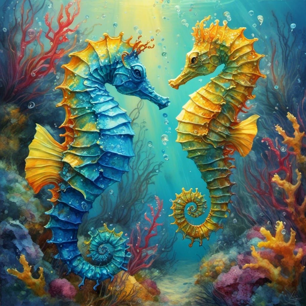 Colorful Seahorses in Coral Reef: Stylized Watercolour