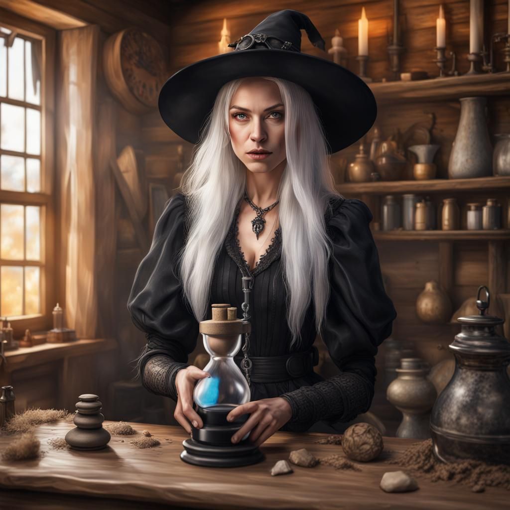 White Witch with Sand Timer in Cottage Core Style