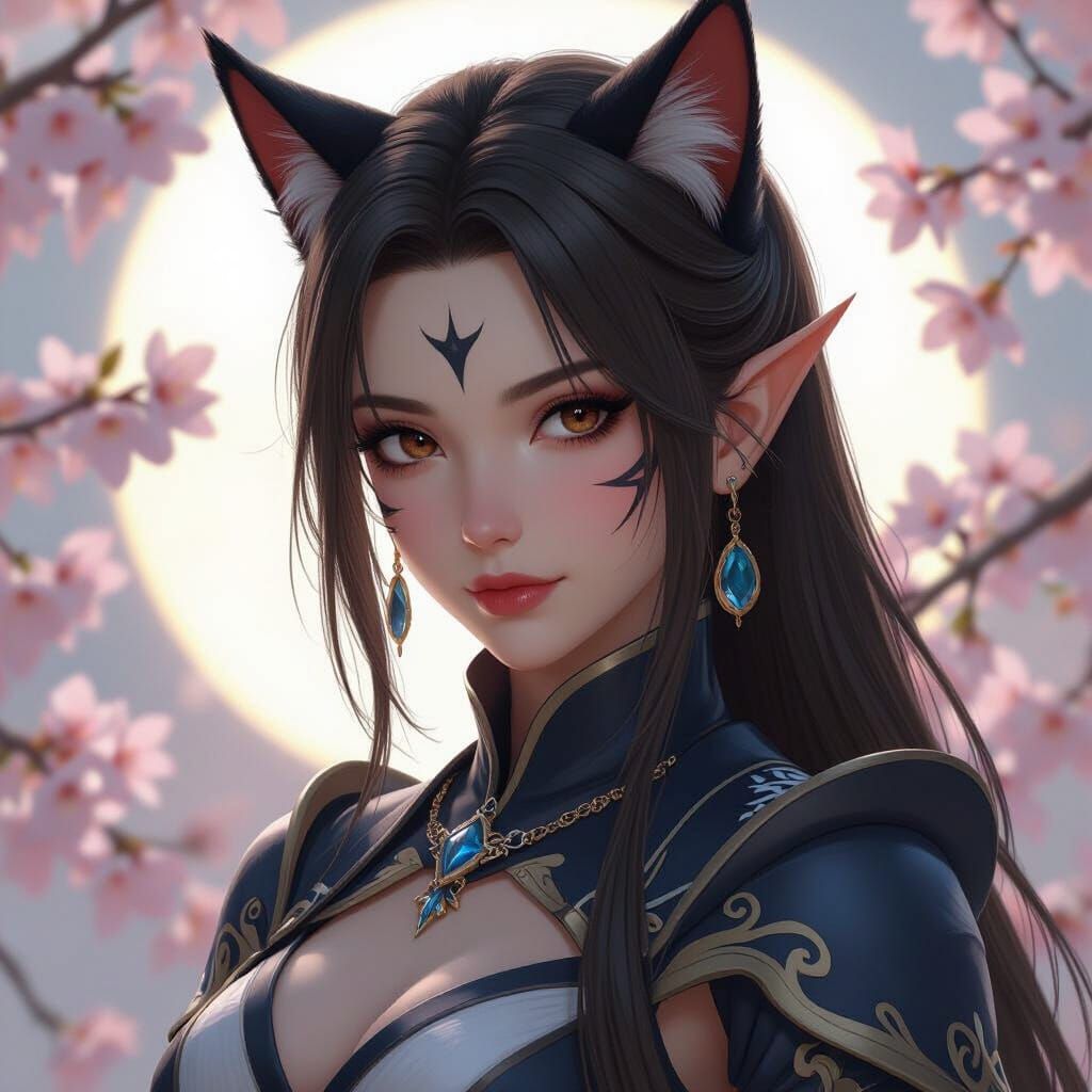 Miqo'te Blue Mage in Lush Cherry Blossom Setting