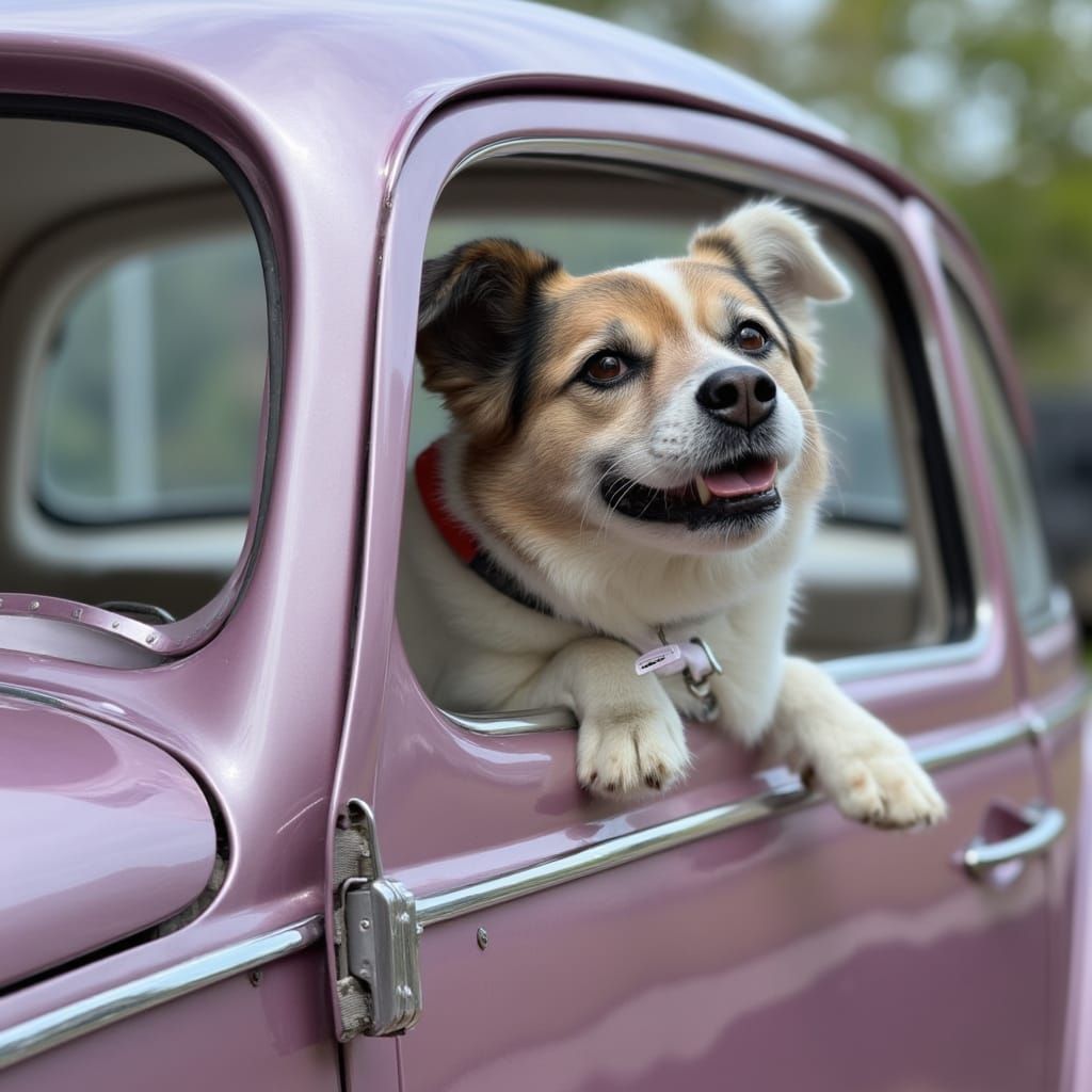 Purple VW Beetle with Dog in Window