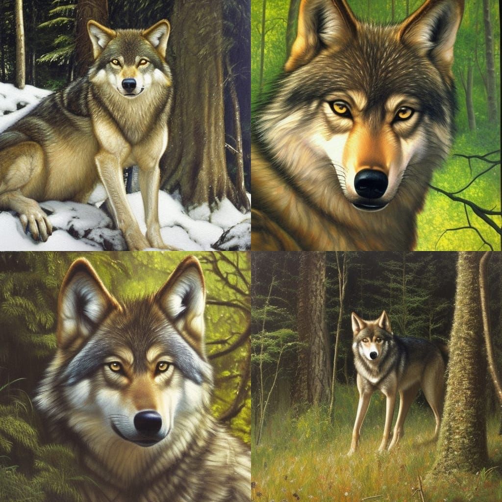 Wolf with Green Eyes in Forest, Oil Painting