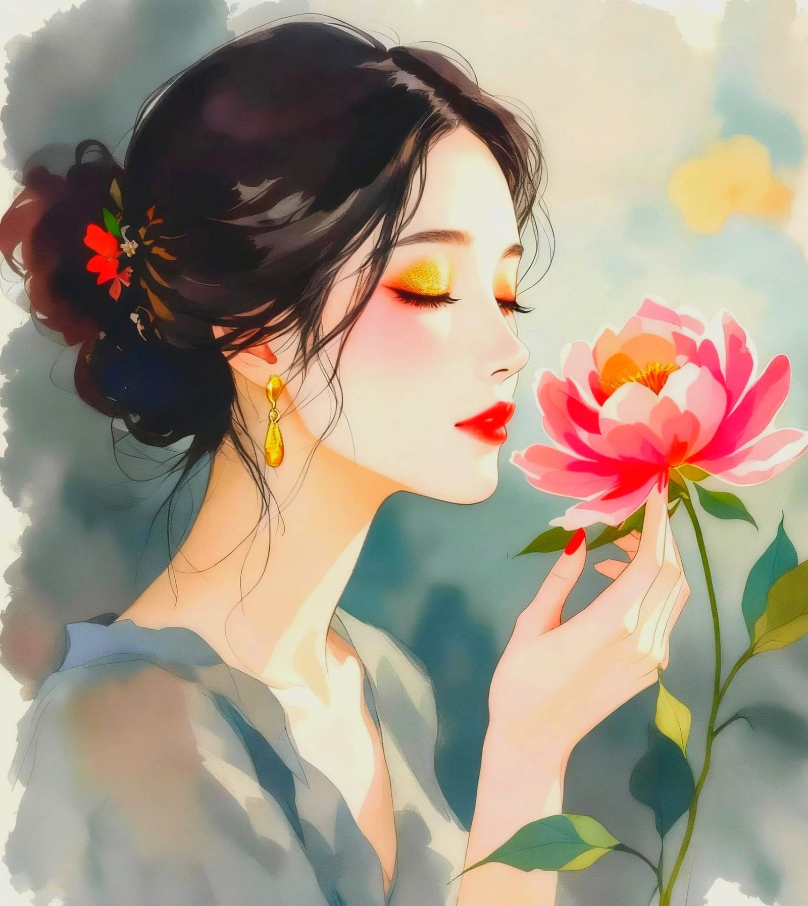 Illustrated Woman Smelling Flower In Ink and Watercolor