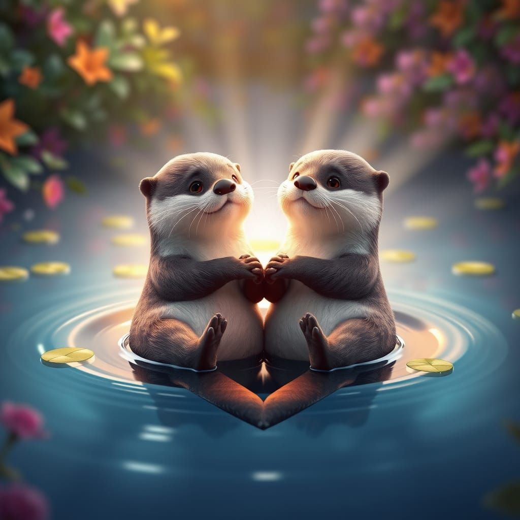 Two Otters Floating in a Heart-Shaped Pond in Whimsical 3D A...