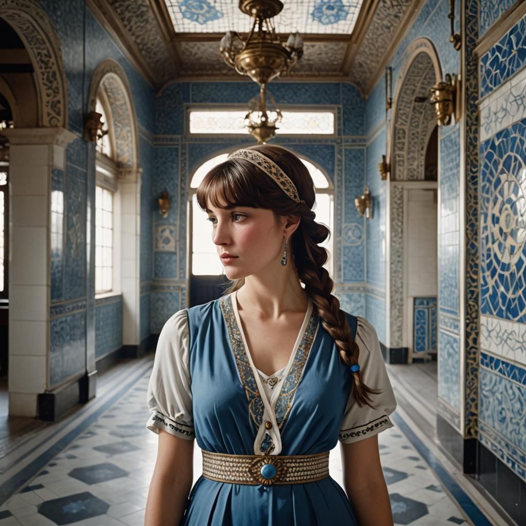Art Nouveau Woman in Tiled Hall