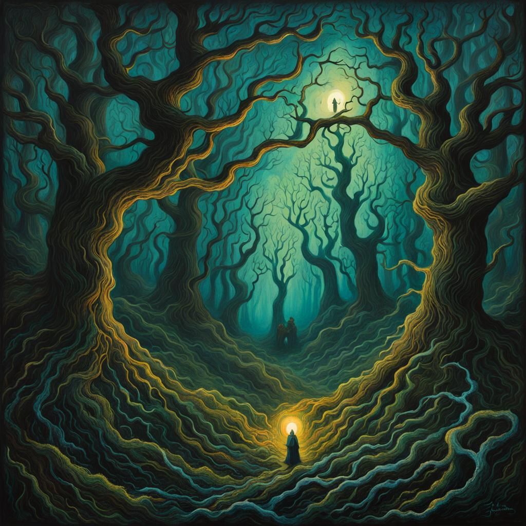 Surreal Eldritch Forest with Ghostly Lights