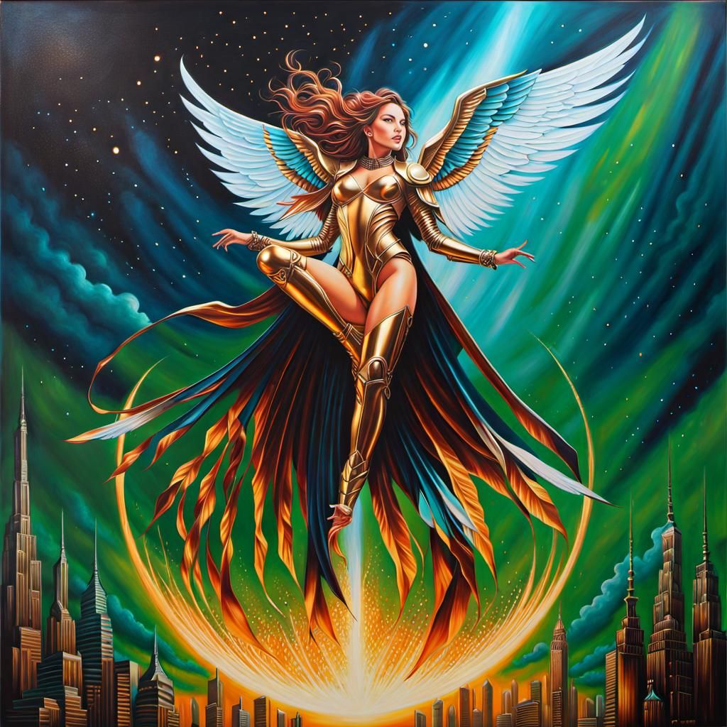 Picture Art Cryopunk, Oil on Canvas, Beautiful Flying Woman